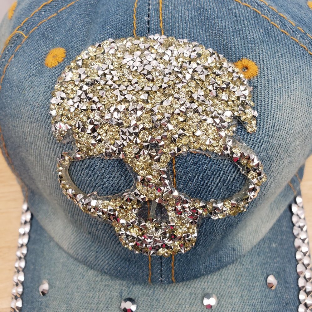 Halloween Crystal Bling Skull Distressed Light Wash Denim Ball Cap - Picture 2 of 4